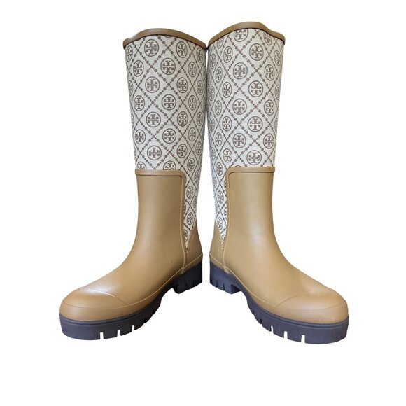T-270. Tory Burch T Monogram Hurricane Tall Boot Perfect Hazel Bistro Brown - Picture 5 of 7